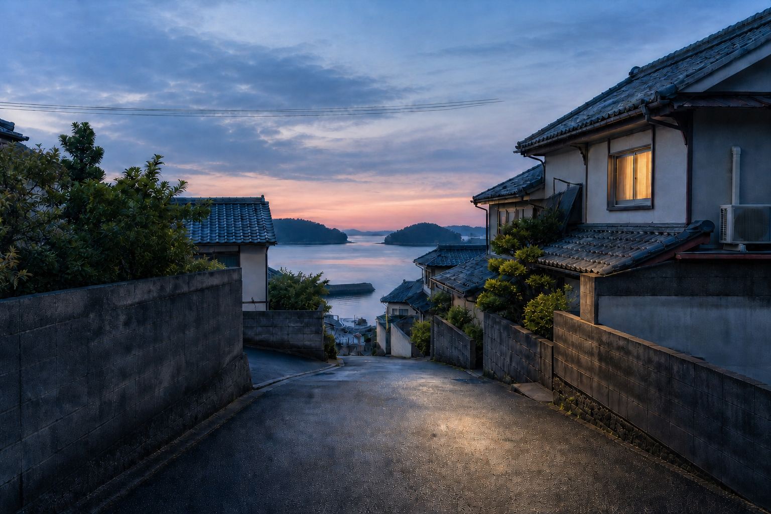 夕暮れ、坂道の先に広がる鳥羽湾と島々